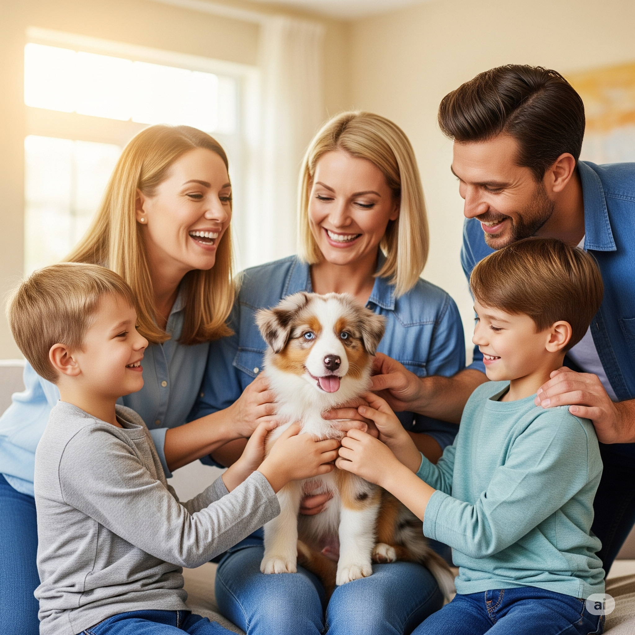 Happy family with their new Australian Shepherd puppy