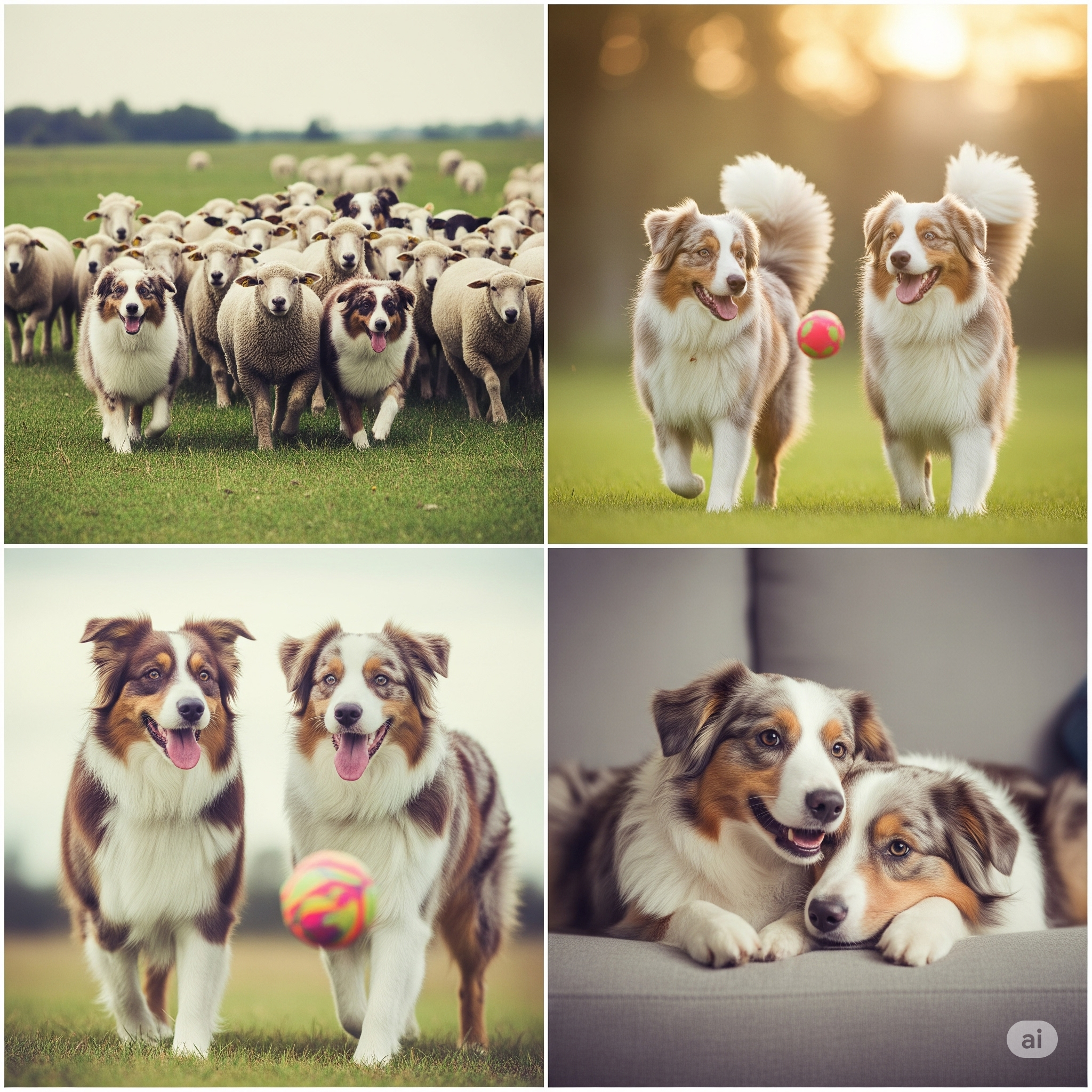 Collage of Australian Shepherds in various activities