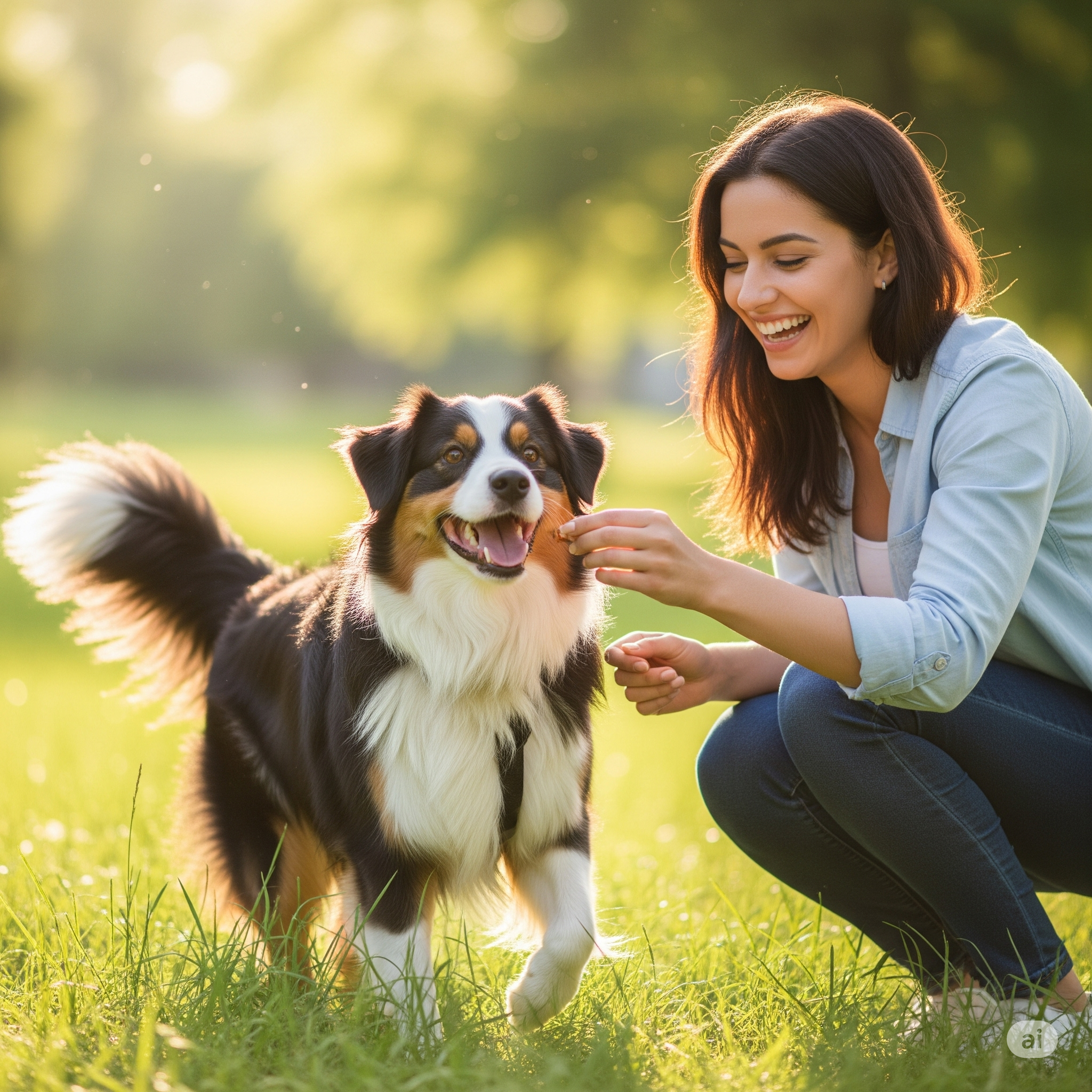 Happy Australian Shepherd with owner