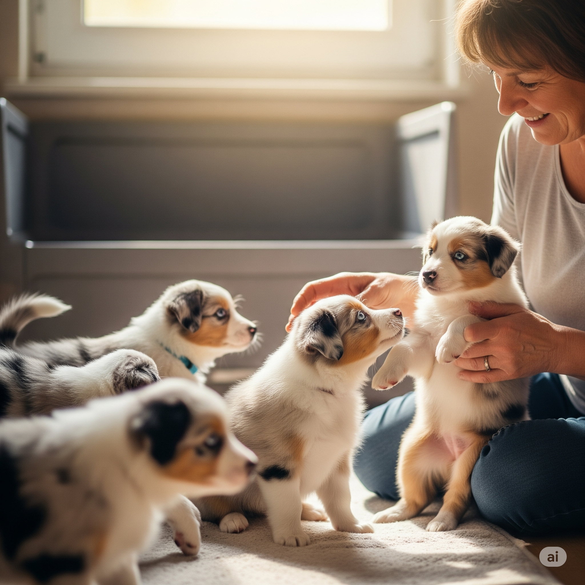 Breeder interacting gently with puppies